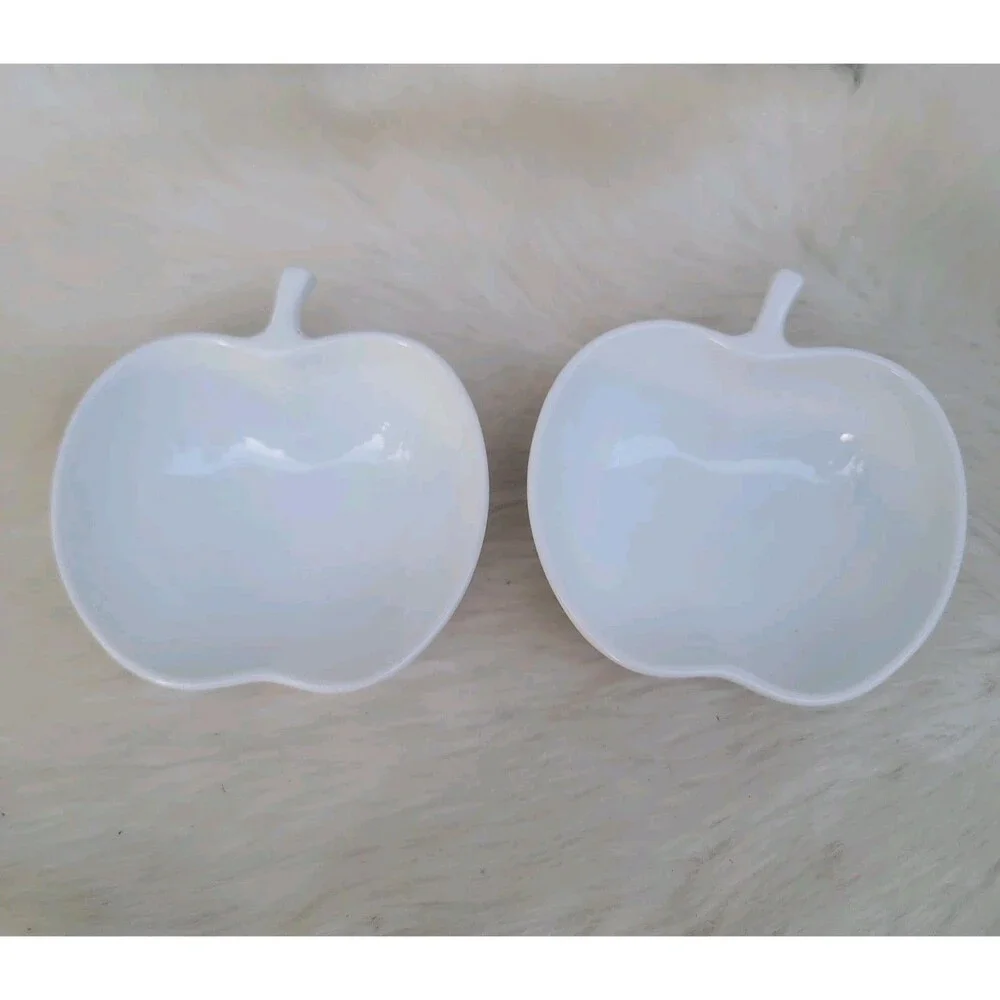 Set Of 2 crate and barrel small White Ceramic apple shaped sauce snack bowls